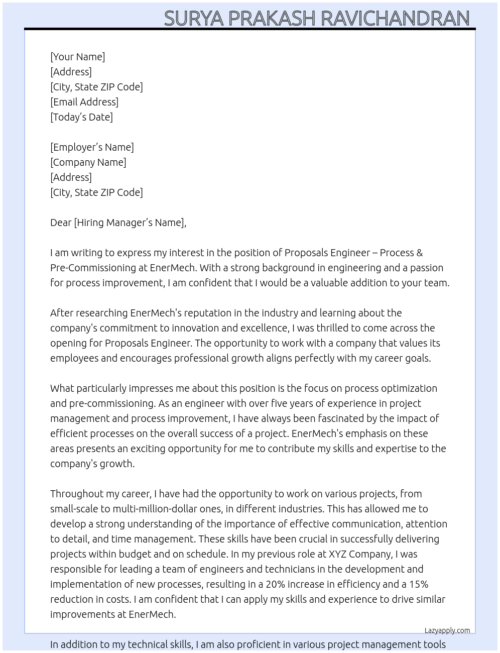 PROPOSALS ENGINEER- PROCESS & PRE-COMMISSIONING At EnerMech Cover Letter