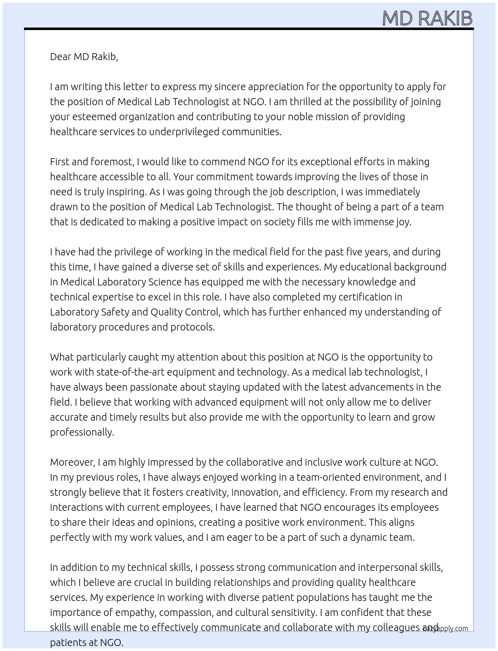 medical lab technologist At ngo Cover Letter