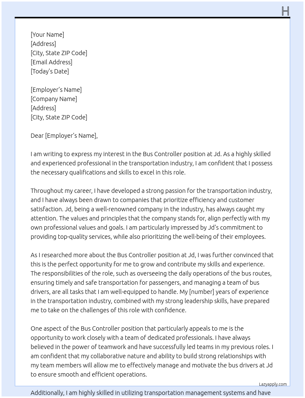 Cover letter for bus controller - LazyApply