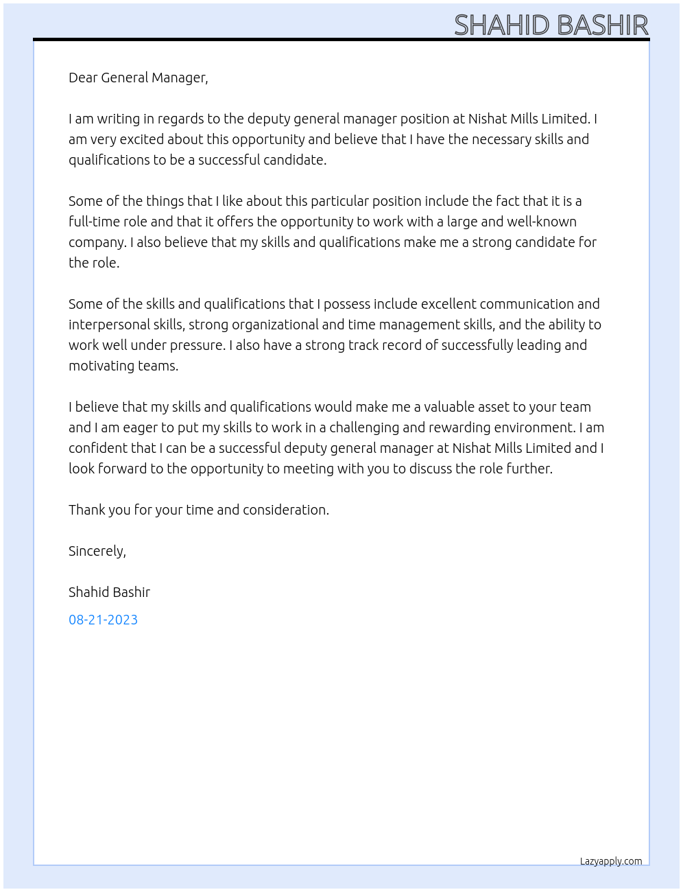 deputy general manager At Nishat Mills Limited Cover Letter