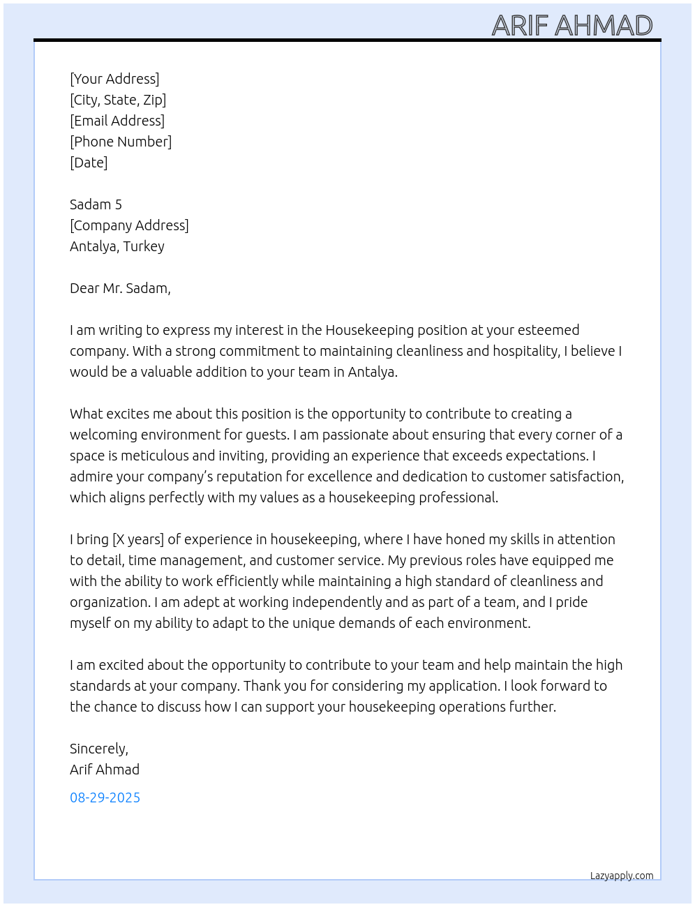 Housekeeping At Antalya, Turkey Cover Letter