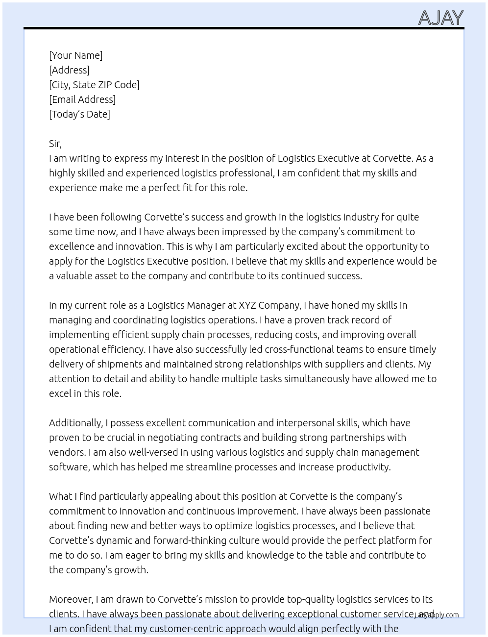 Logistics executive At Corvette Cover Letter