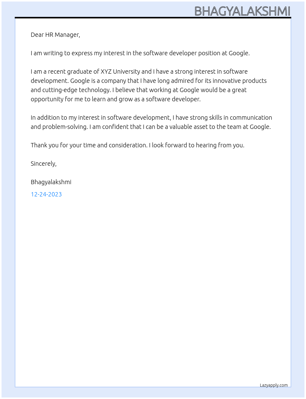 software developer fresher At google Cover Letter