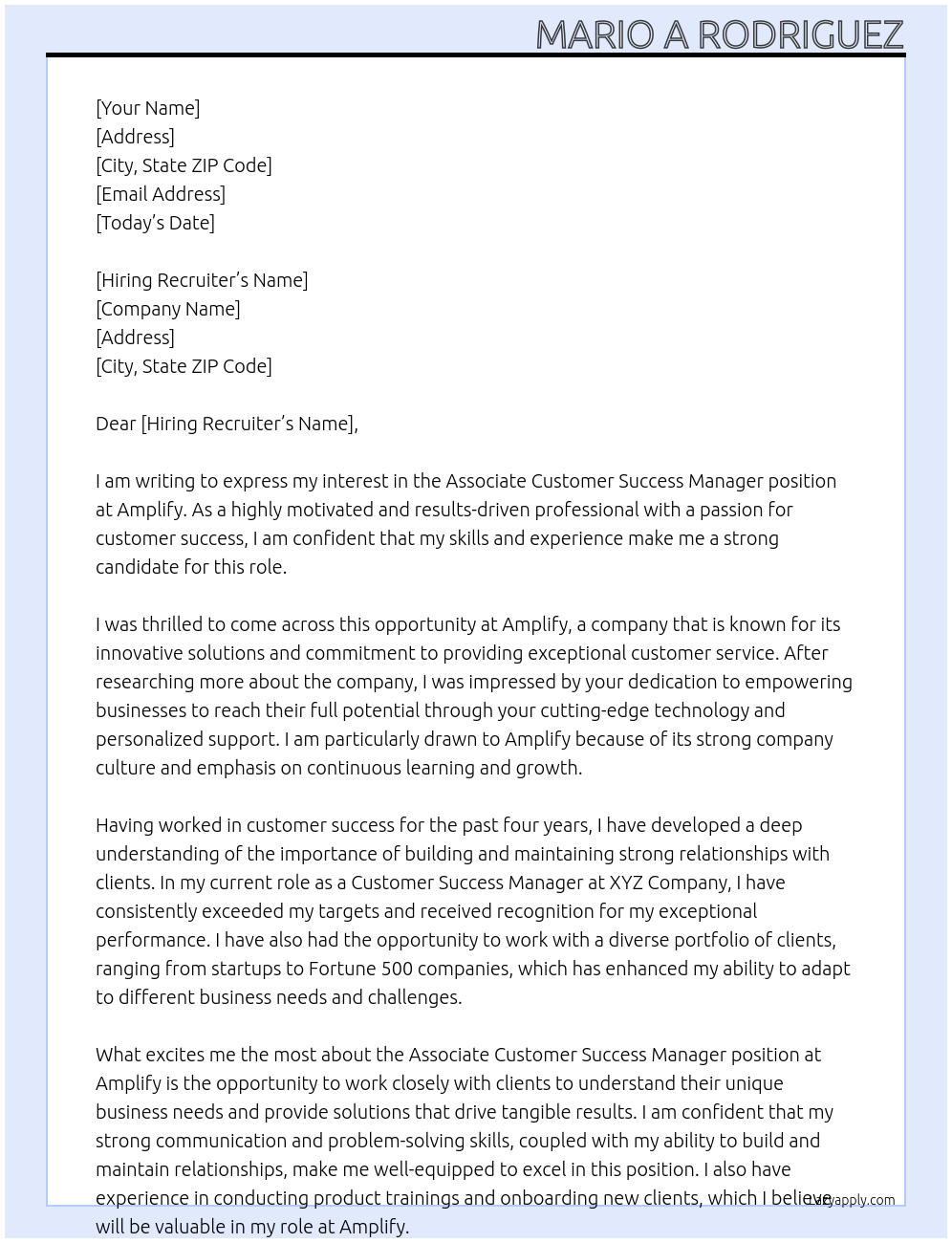 Associate Customer Success Manager At Amplify Cover Letter