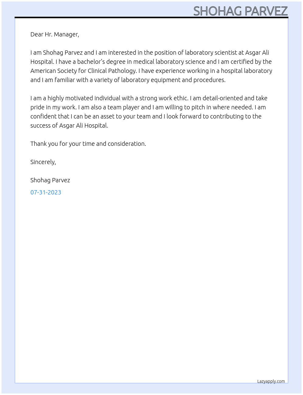 laboratory scientist At Asgar Ali Hospital Cover Letter