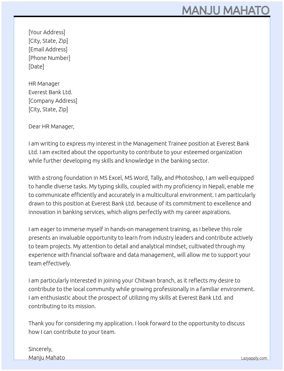 Management Trainee At Everest Bank Ltd. Cover Letter