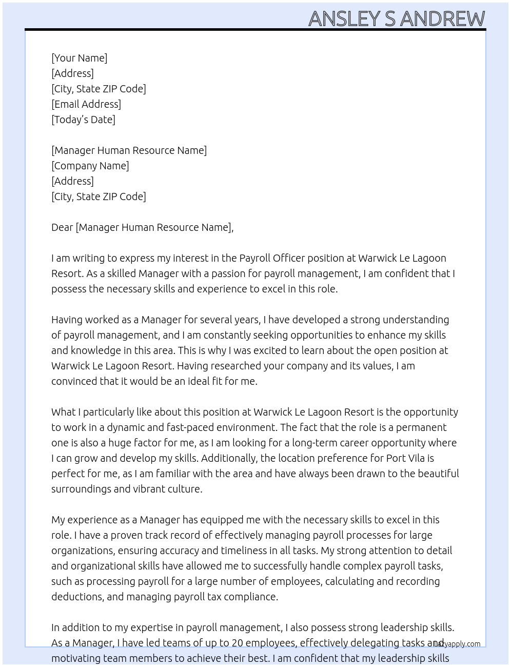 Payroll Officer At Warwick Le Lagoon Resort Cover Letter