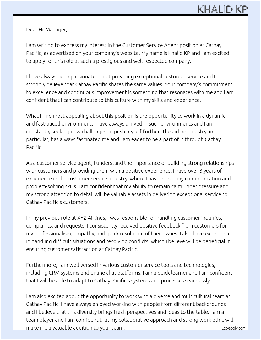 Customer service agent  At Cathay Pacific  Cover Letter