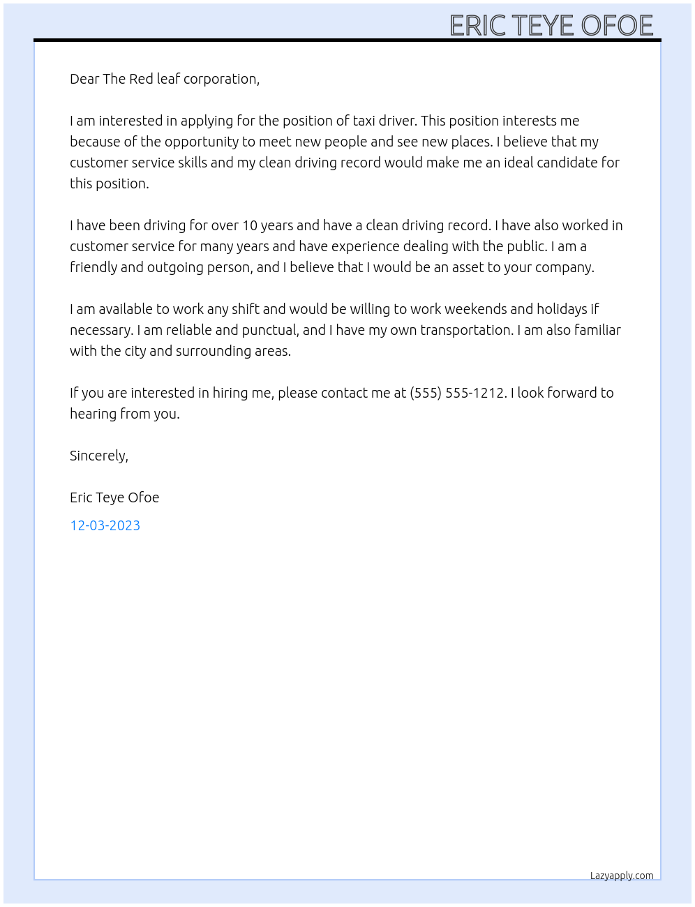 Taxi Driver  At The Red leaf corporation  Cover Letter