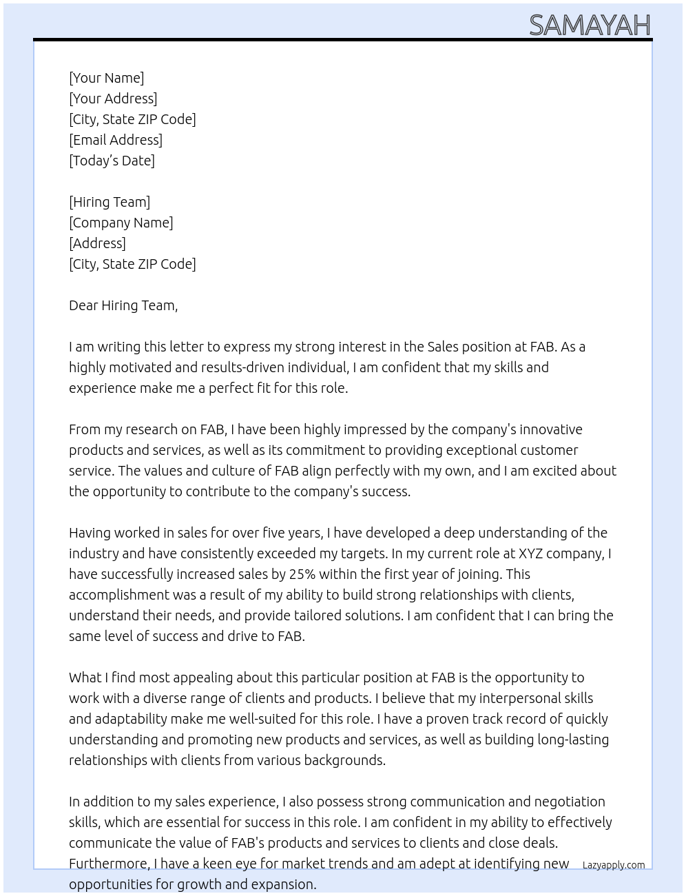 Sales At FAB Cover Letter