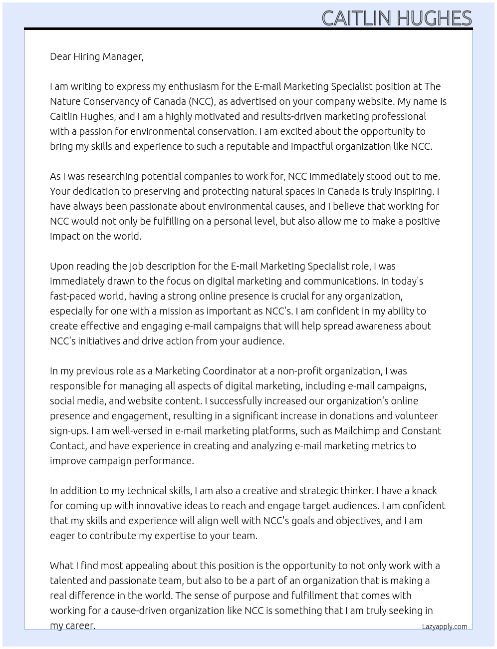 E-mail Marketing Specialist At The Nature Conservancy of Canada (NCC) Cover Letter