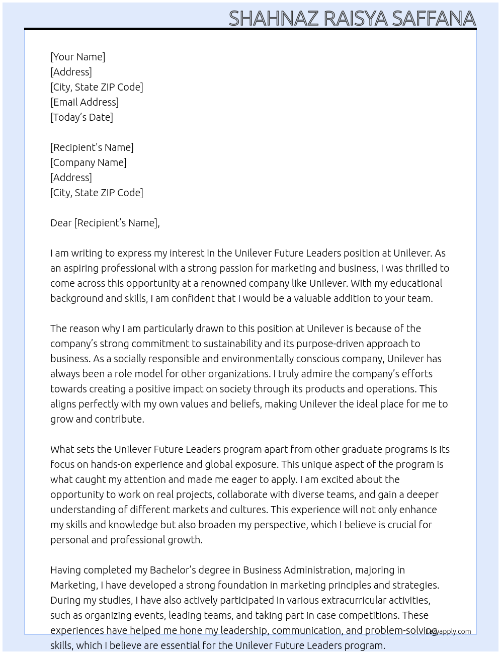 Unilever Future Leaders At Unilever Cover Letter