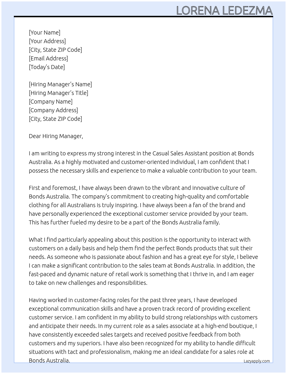 Casual Sales Assistant At Bonds Australia Cover Letter