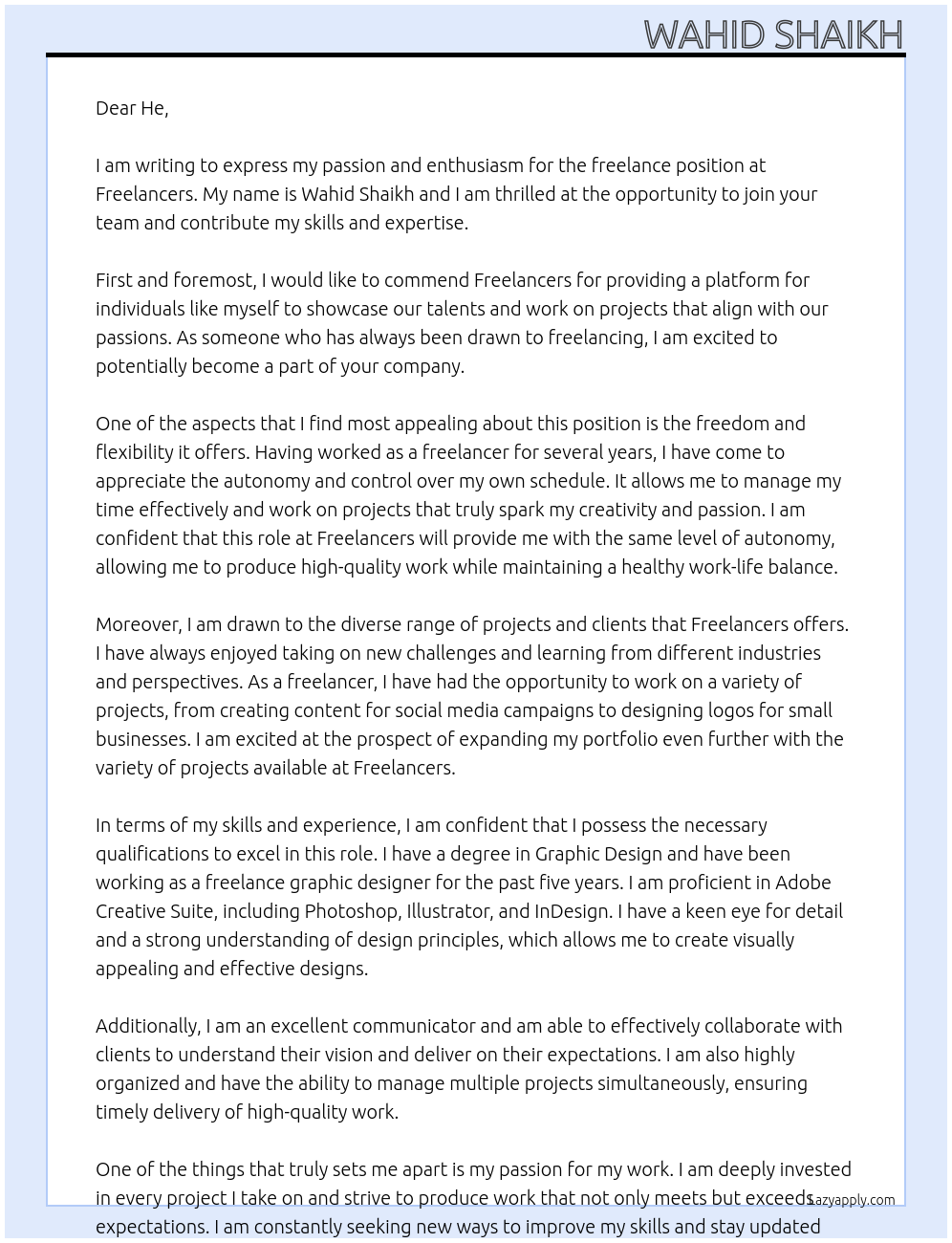 Freelance  At Freelancers  Cover Letter