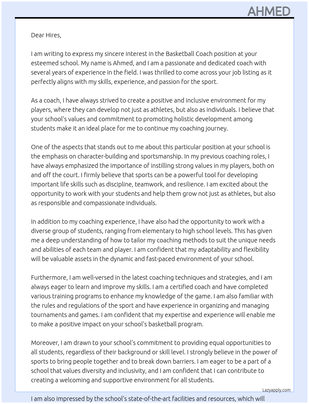 Basketball coach  At School  Cover Letter