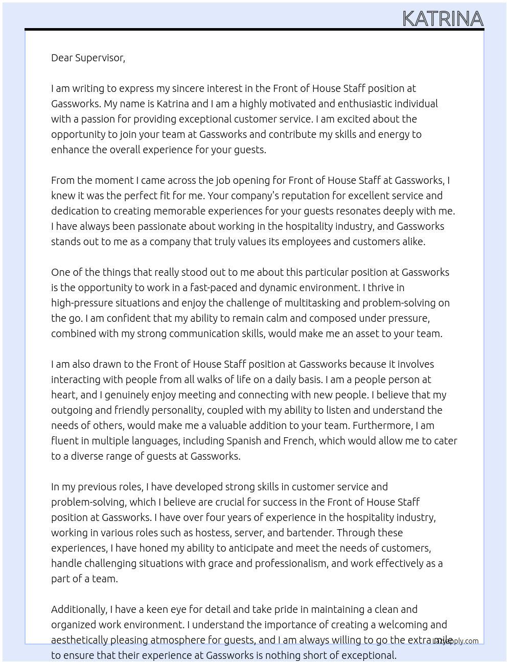 Front of House Staff At Gassworks Cover Letter