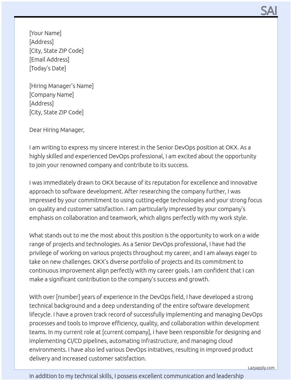 Senior DevOpis At OKX Cover Letter