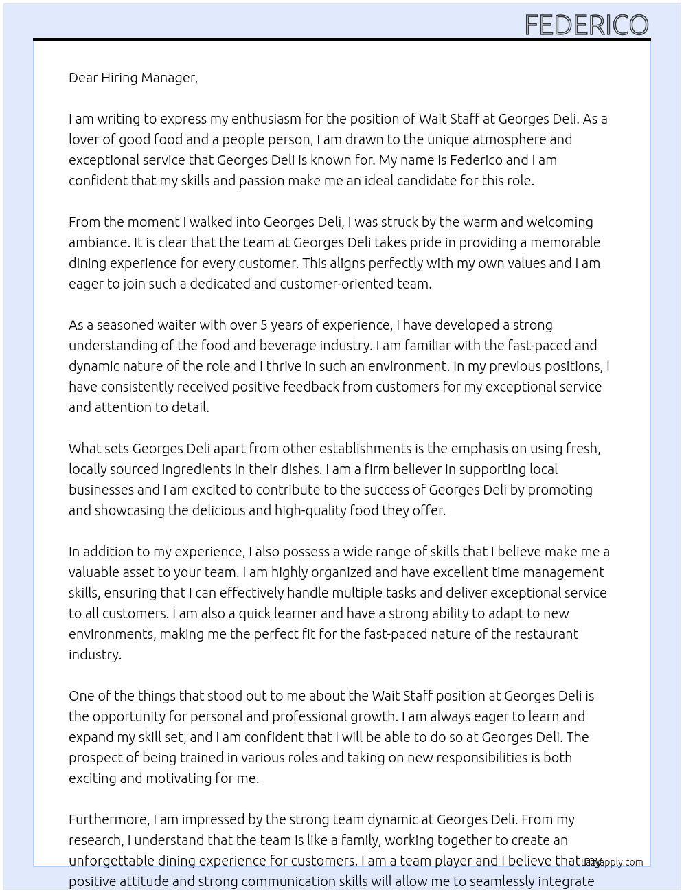 wait staff At georges deli Cover Letter