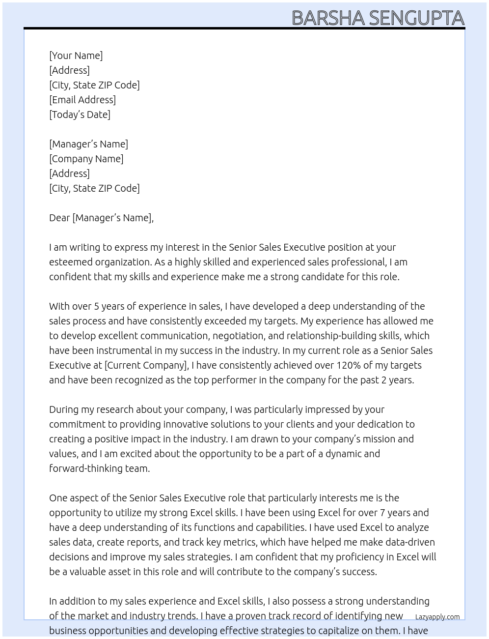 senior sales executive At na Cover Letter