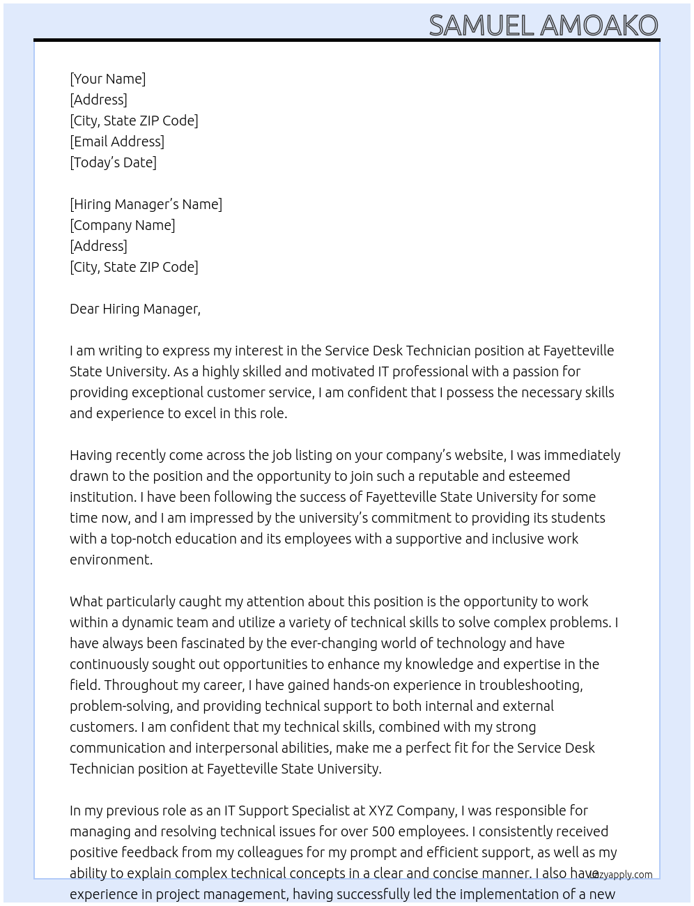 Cover letter for service desk technician - LazyApply