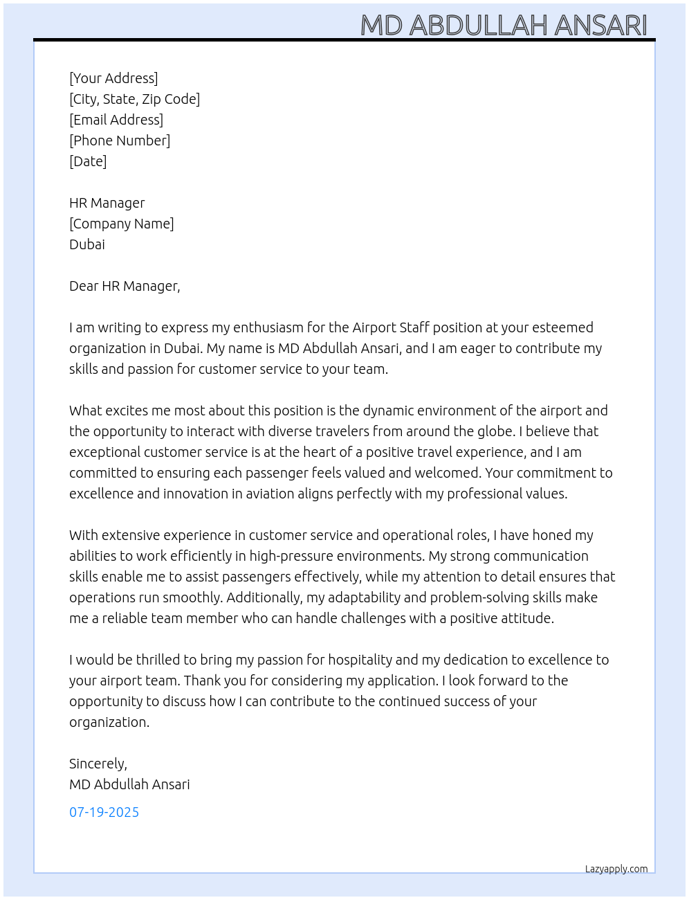 Airport staff  At Dubai Cover Letter