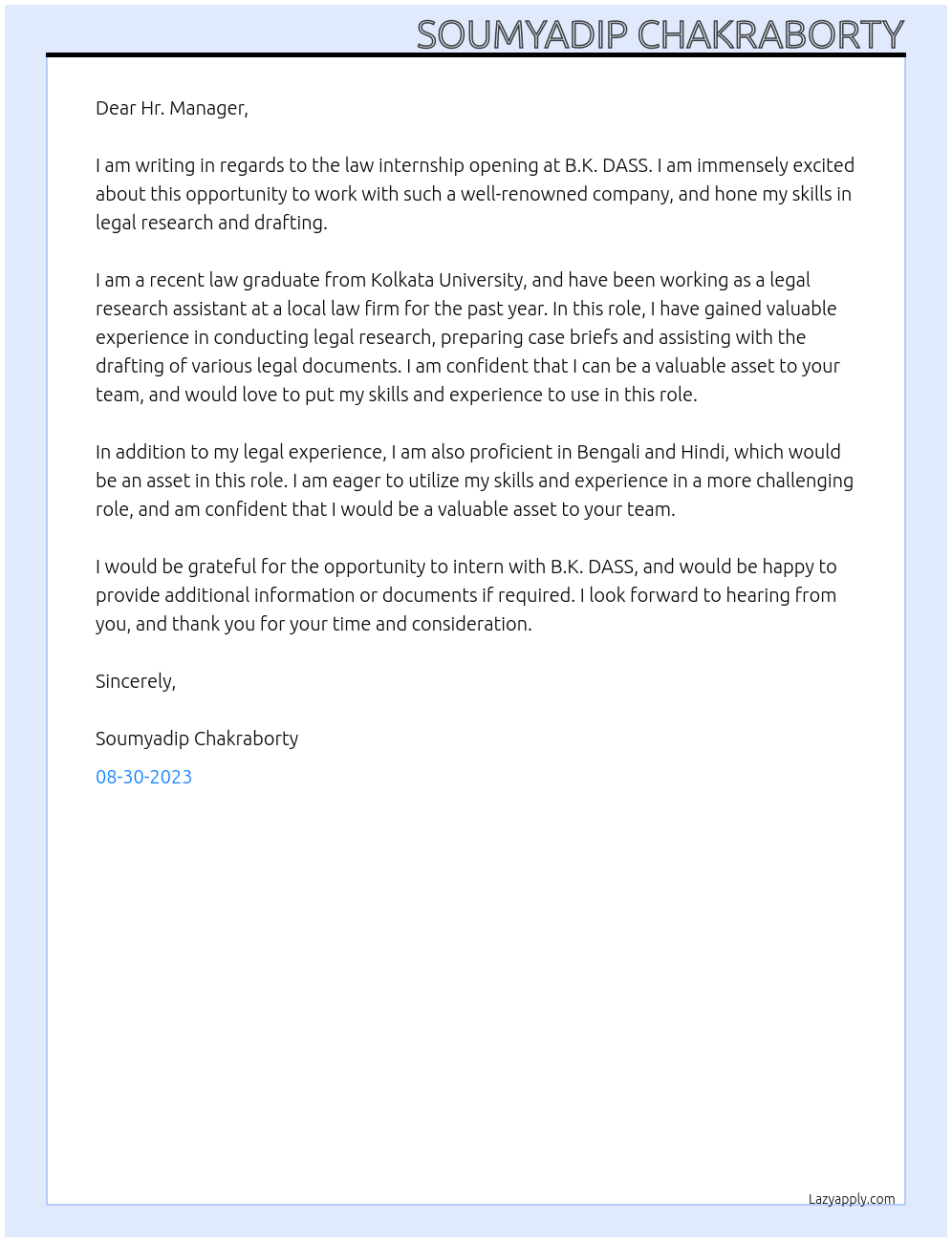 law internship At B.K. DASS Cover Letter