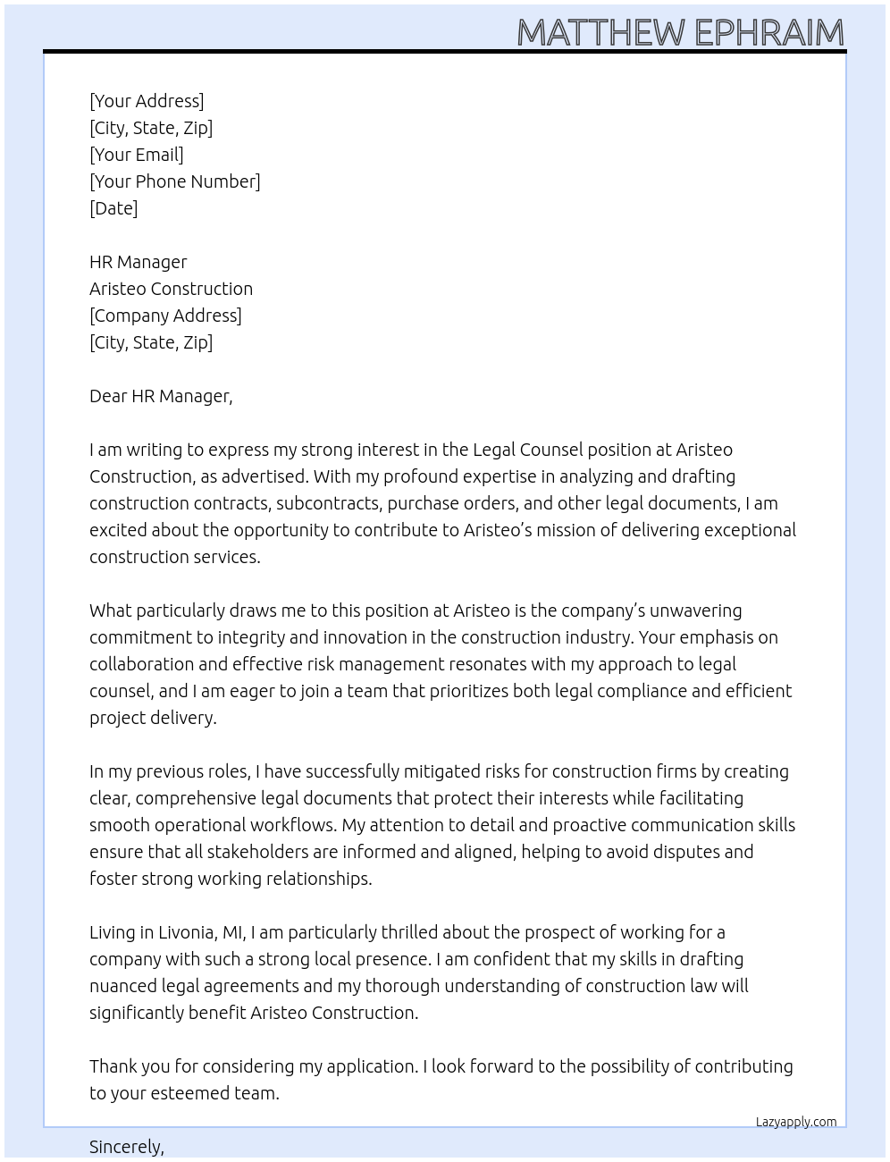 Legal Counsel At Aristeo Construction Cover Letter