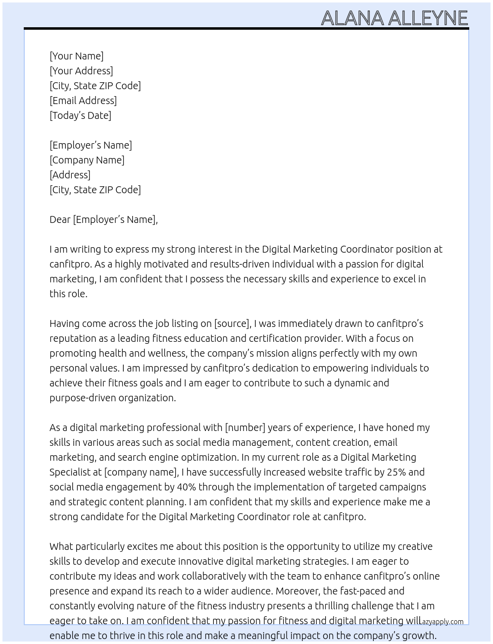 Digital Marketing Coordinator At canfitpro Cover Letter
