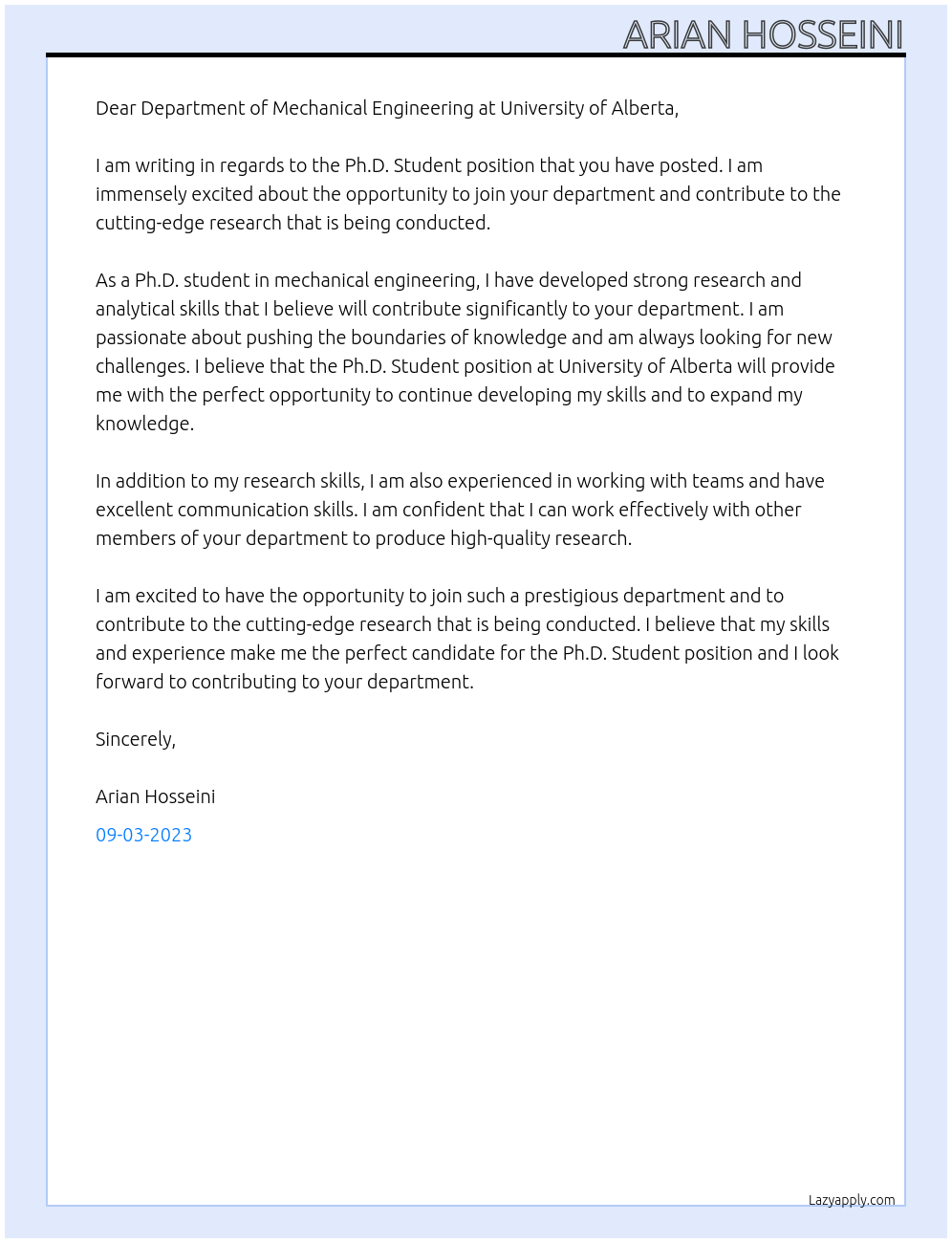 Ph.D. Student At Department of Mechanical Engineering at University of Alberta Cover Letter