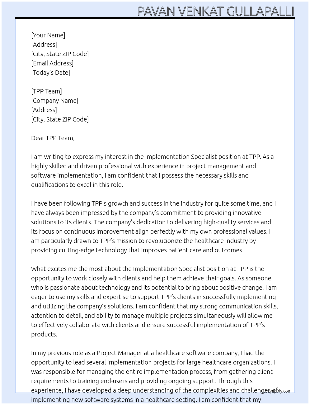 Implementation Specialist At TPP Cover Letter