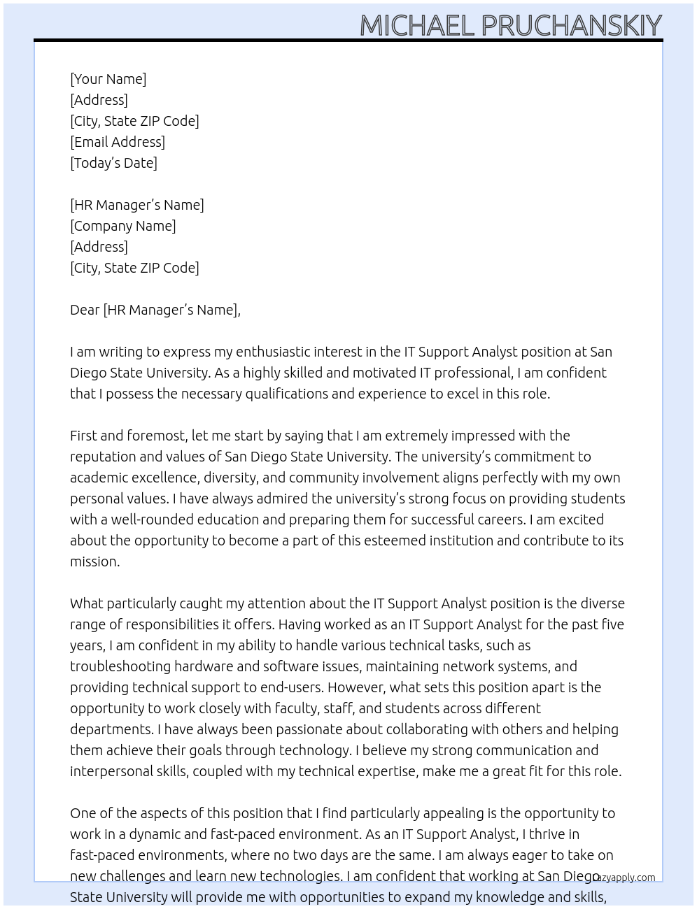 IT Support Analyst At San Diego State University Cover Letter