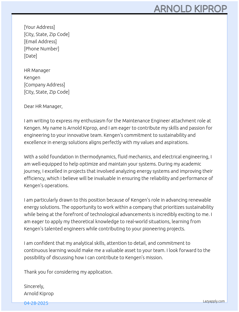 Maintanance engineer At Kengen Cover Letter