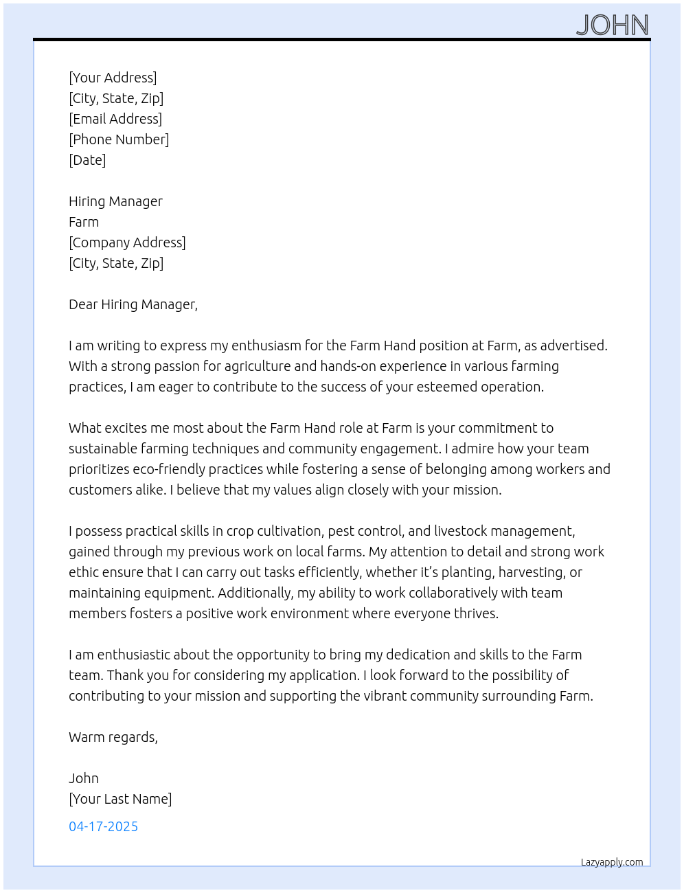Farm Hand At Farm Cover Letter