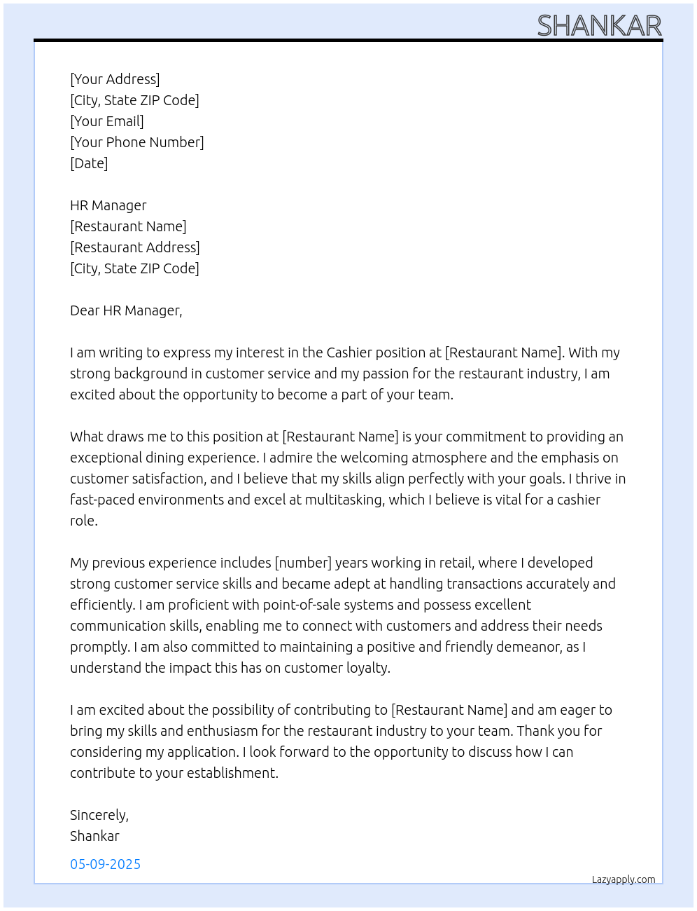 cashier At restuarant Cover Letter