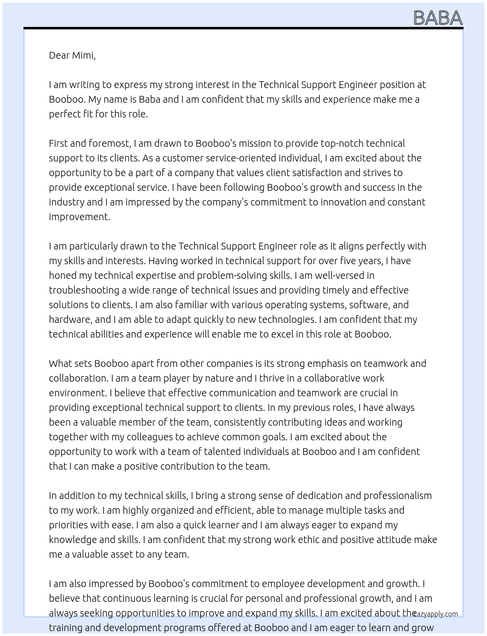 technical Support Engineer At booboo Cover Letter