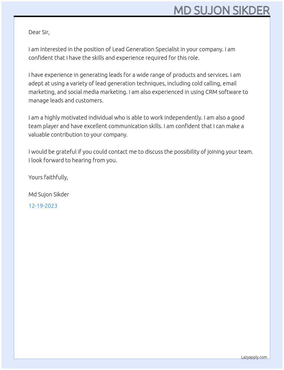 Lead generation Specialist At Any Company Cover Letter