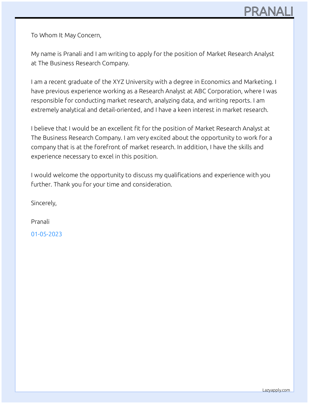 Market Research Analyst At The Business Research Company Cover Letter