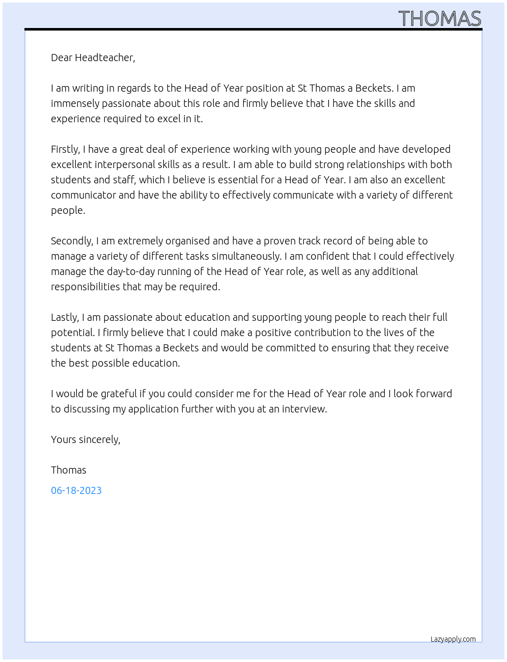 Head of year At St thomas a beckets Cover Letter