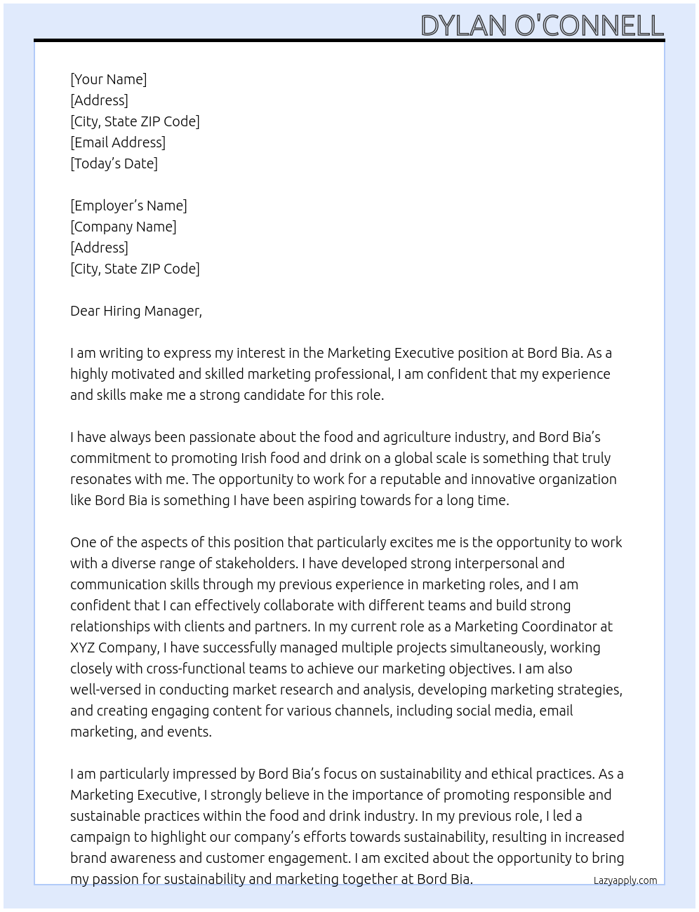 Marketing Executive At Bord Bia Cover Letter