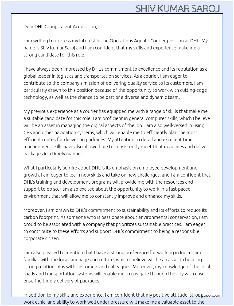 Operations Agent - Courier At DHL  Cover Letter