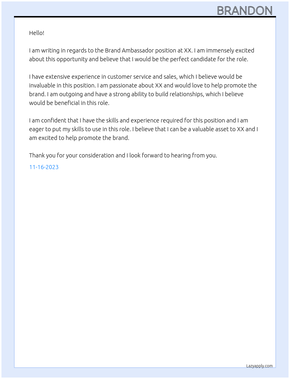 Brand Ambassador At XX Cover Letter