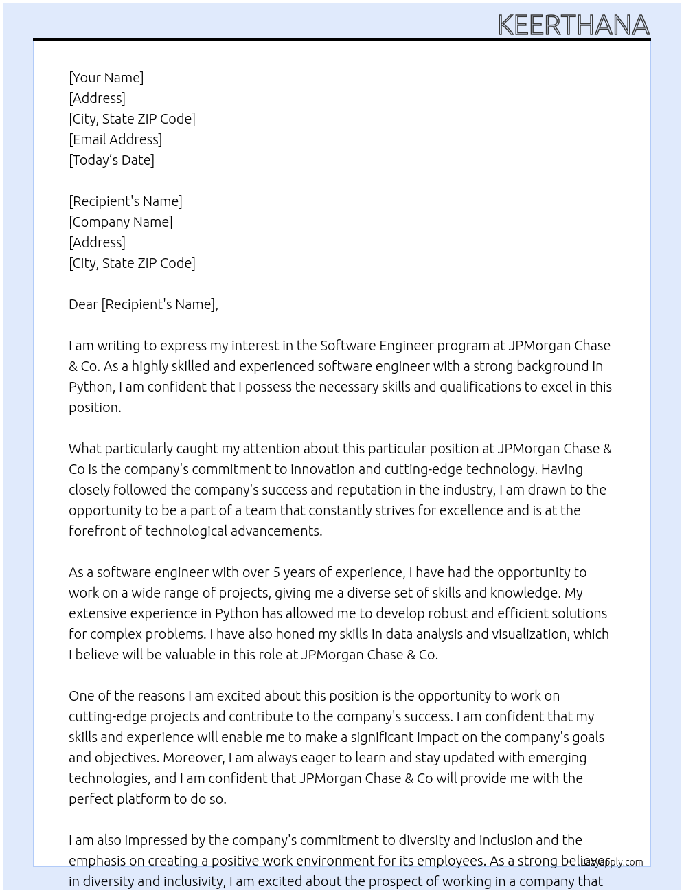 Software Engineer program  At Jp Morgan Chase &co Cover Letter