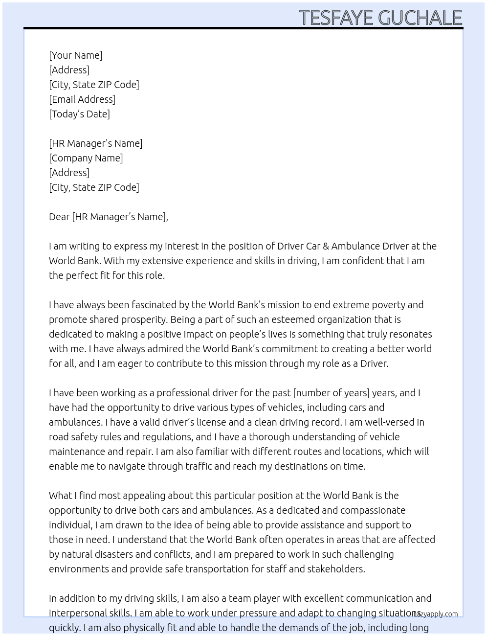 Driver Car & Ambulance Driver At World Bank Cover Letter