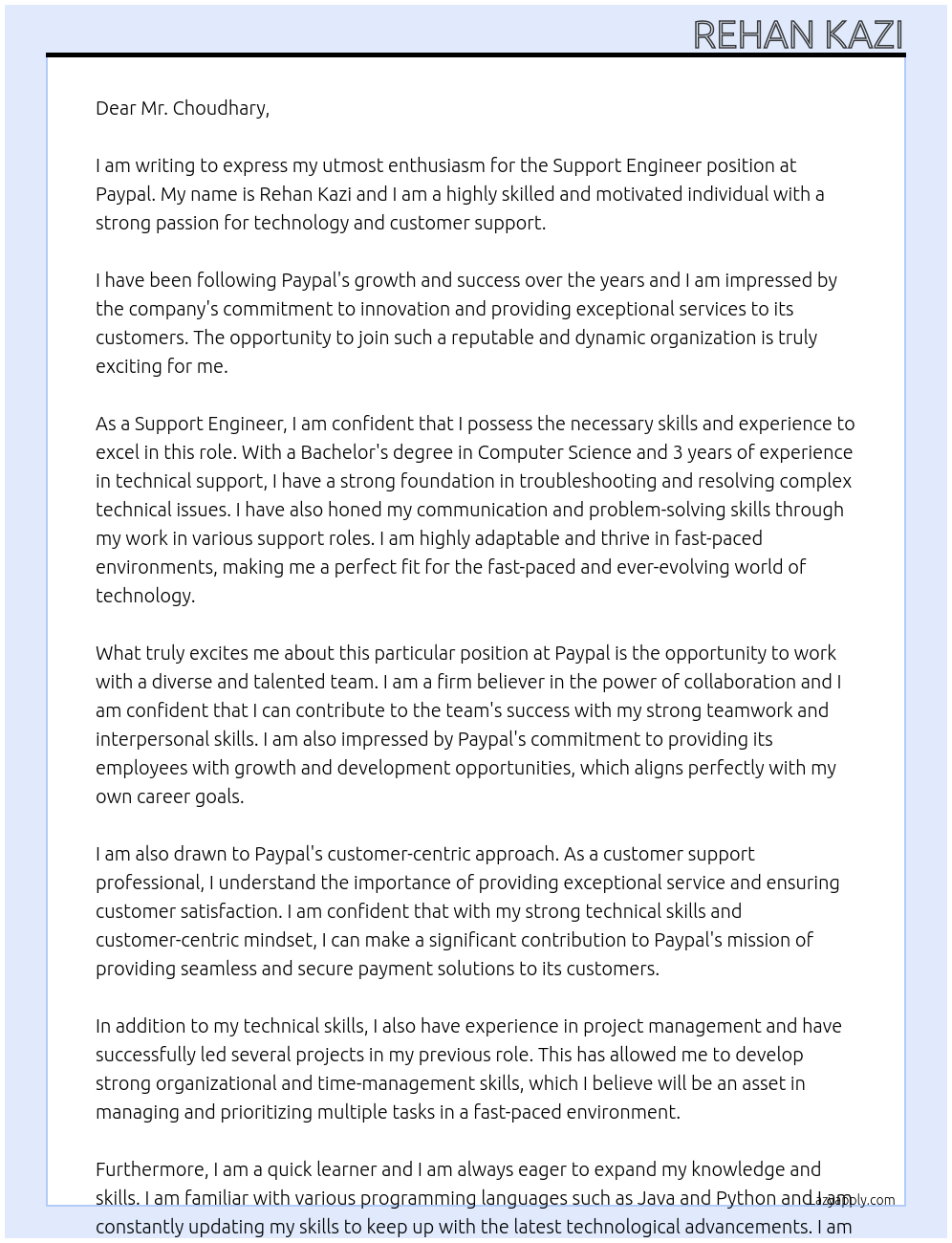 Support Engineer At Paypal Cover Letter