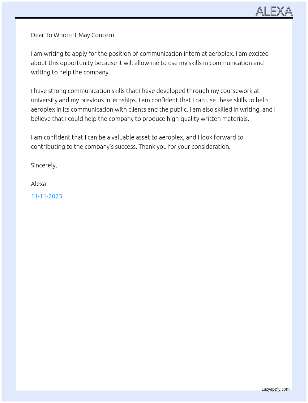 communication intern At aeroplex Cover Letter