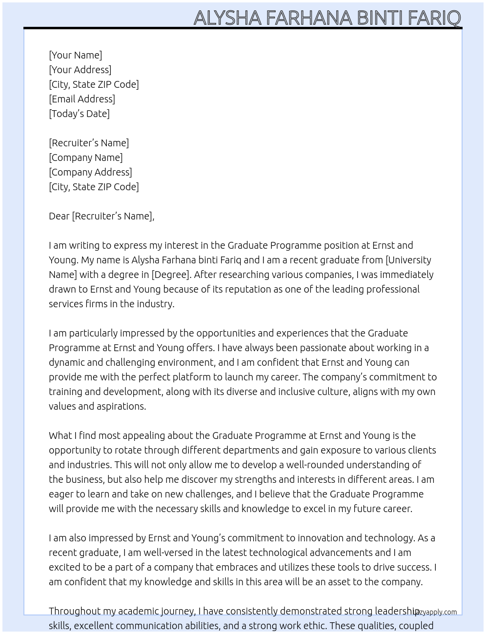 Graduate Programme At Ernst and Young Cover Letter