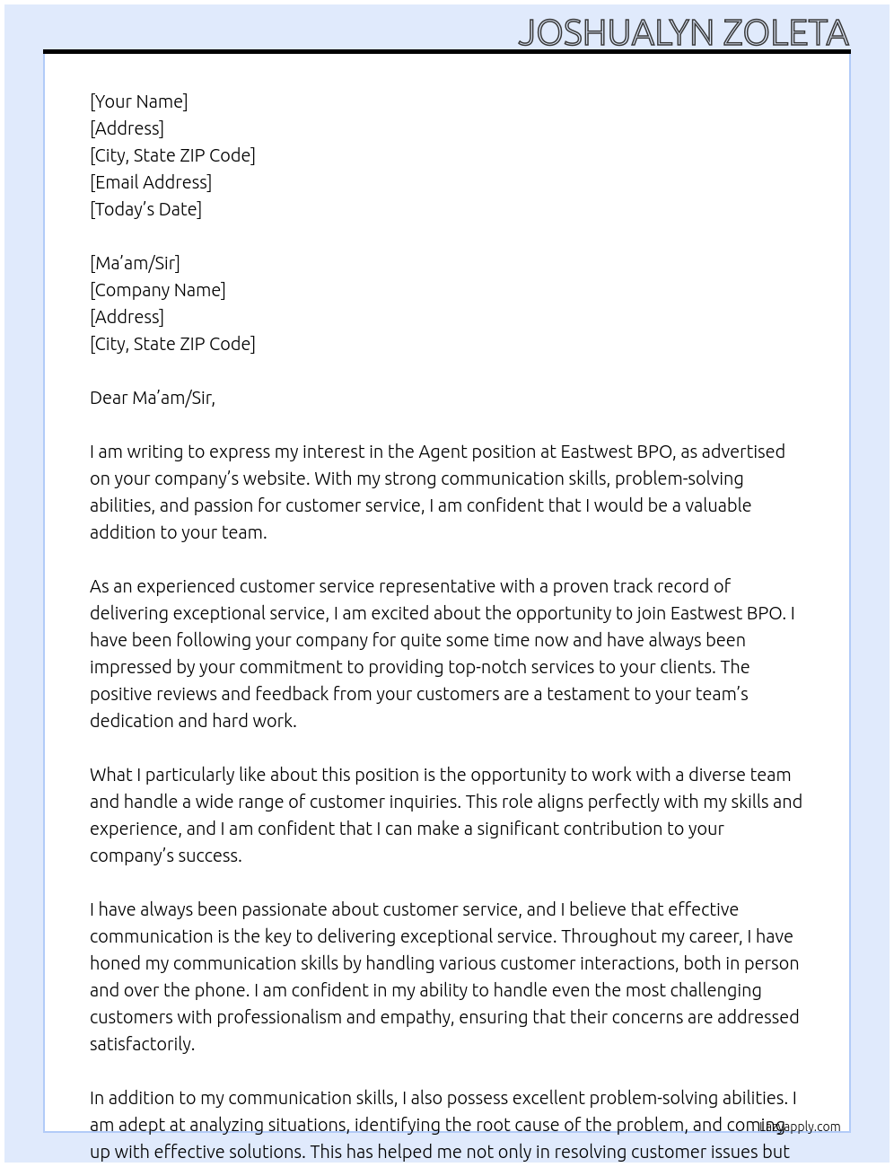 Agent At Eastwest BPO Cover Letter