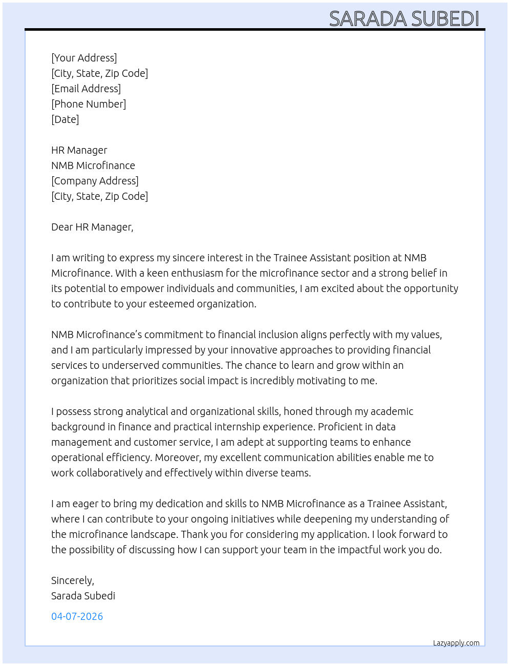 Trainee assistant At NMB Microfinance Cover Letter