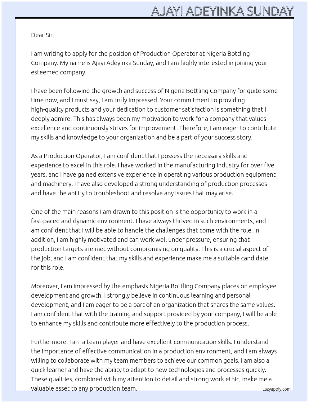 Production operator At Nigeria Bottling company Cover Letter