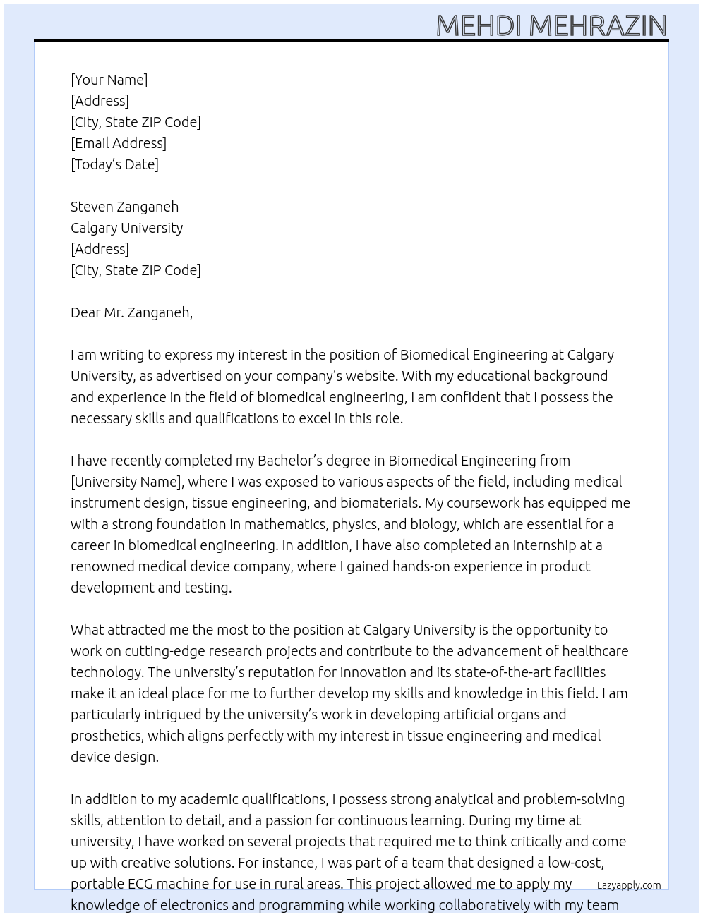 Biomedical Engineering  At Calgery University  Cover Letter
